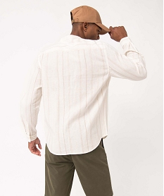 chemise homme en lin melange raye a manches longues et col mao beige chemise manches longuesD342101_3