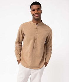 chemise homme en lin melange a manches longues et col tunisien beige chemise manches longuesD342201_1