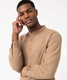 chemise homme en lin melange a manches longues et col tunisien beige chemise manches longuesD342201_2