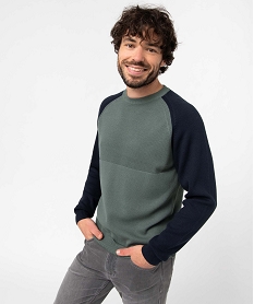 pull homme bicolore a maille fantaisie vert pullsD349601_1