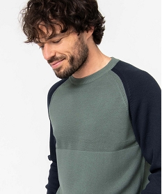 pull homme bicolore a maille fantaisie vert pullsD349601_2