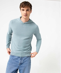 pull homme en maille cotelee a capuche bleuD349801_1