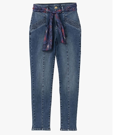jean femme taille haute avec surpiqures et ceinture foulard grisD365501_4