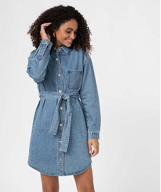 robe femme en jean boutonnee sur l’avant avec ceinture bleu robesD367301_1