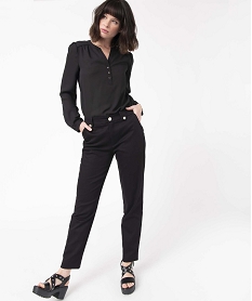 GEMO Pantalon femme en toile extensible avec boutons fantaisie Noir