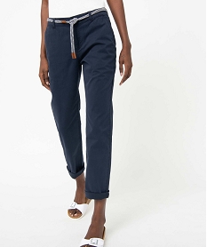 pantalon femme en coton extensible avec ceinture corde bleu pantalonsD372301_1