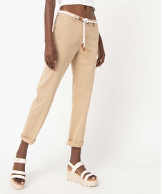 pantalon femme en coton extensible avec ceinture corde beige pantalonsD372401_1