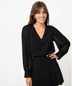 blouse femme en voile a manches longues plissees noir blousesD383101_1