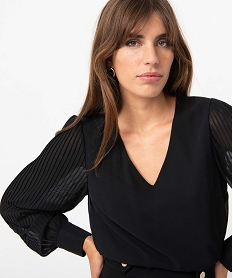 blouse femme en voile a manches longues plissees noirD383101_2