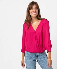 GEMO Blouse femme cache-cœur en satin imprimé ton sur ton rose standard