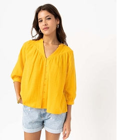 blouse ample manches 34 en voile de coton a motif en relief jaune blousesD386101_2