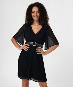 robe femme avec col v et jupe plissee noir robesD387301_1