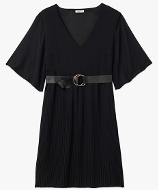 robe femme avec col v et jupe plissee noirD387301_4