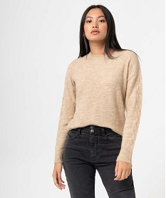 pull femme a col rond avec manches torsadees beige pullsD395301_2