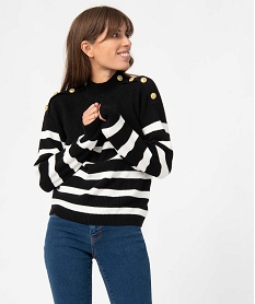 GEMO Pull femme rayé avec boutons sur les épaules noir standard