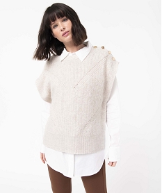 pull femme sans manches ouvert sur les cotes beigeD395901_1