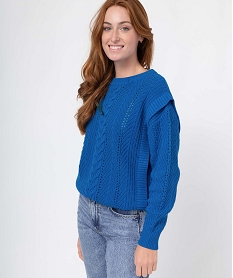 GEMO Pull femme à torsades coupe oversize avec volants bleu standard