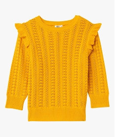 pull femme en maille ajouree avec volants sur les epaules jaune pullsD396501_4