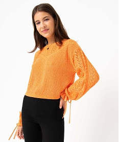 pull femme coupe courte en maille ajouree orangeD396801_1