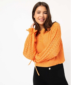 pull femme coupe courte en maille ajouree orangeD396801_2