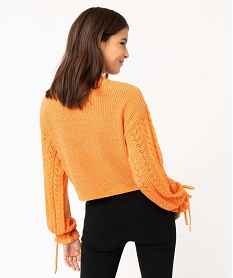 pull femme coupe courte en maille ajouree orangeD396801_3