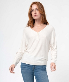 GEMO Pull col V zippé et manches chauve-souris femme blanc chine