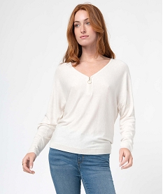 pull femme en maille fine avec col zippe et manches chauve-souris beige pullsD396901_1