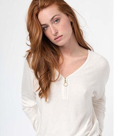 pull femme en maille fine avec col zippe et manches chauve-souris beige pullsD396901_2