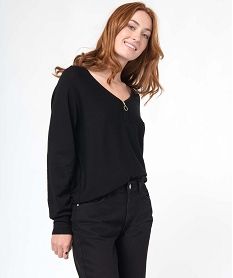 pull femme en maille fine avec col zippe et manches chauve-souris noir pullsD397001_1