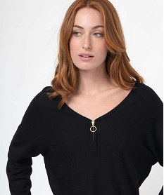 pull femme en maille fine avec col zippe et manches chauve-souris noir pullsD397001_2