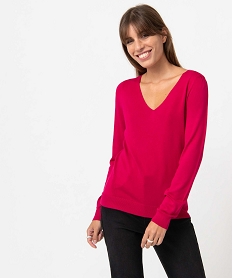 pull femme en maille fine a col v rose pullsD397301_1