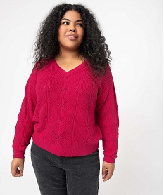 GEMO Pull femme grande taille en maille ajourée fantaisie et col V rose standard