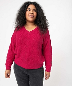 pull femme grande taille en maille ajouree fantaisie et col v rose pulls et giletsD399201_1