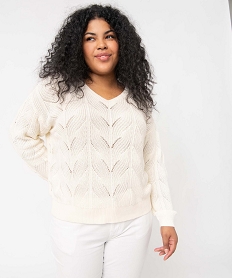 GEMO Pull femme grande taille en maille ajourée fantaisie et col V Beige