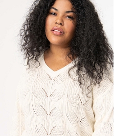 pull femme grande taille en maille ajouree fantaisie et col v beige pulls et giletsD399301_2