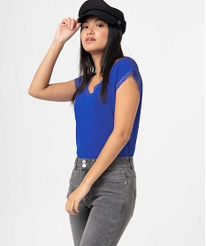 GEMO Tee-shirt femme à manches courtes avec col V en dentelle Bleu