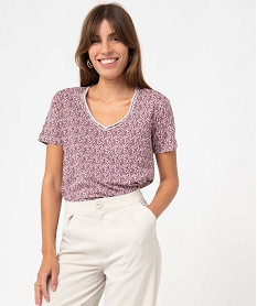 tee-shirt femme imprime a manches courtes avec col v roulotte rose t-shirts manches courtesD402701_2