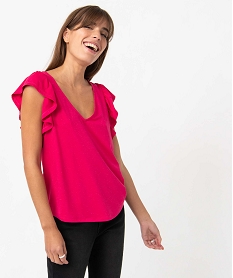 GEMO Tee-shirt femme pailleté à manches courtes volantées Rose