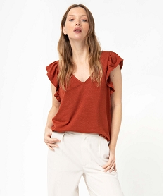 GEMO Tee-shirt femme pailleté à manches courtes volantées Orange