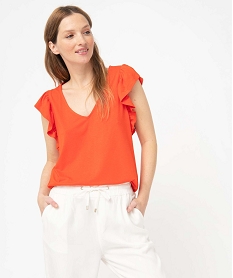 GEMO Tee-shirt femme pailleté à manches courtes volantées Rouge