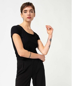 GEMO Tee-shirt femme en maille côtelée coupe courte Noir