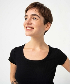 tee-shirt femme en maille cotelee coupe courte noirD405001_2