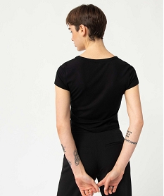 tee-shirt femme en maille cotelee coupe courte noir t-shirts manches courtesD405001_3