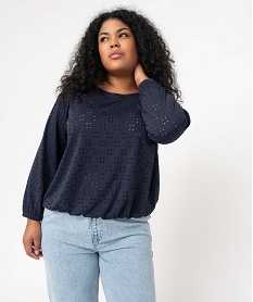 tee-shirt femme grande taille ajoure a manches 34 bleuD405201_1