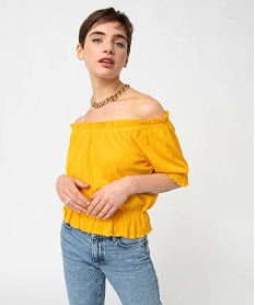 GEMO Tee-shirt femme à manches courtes avec finitions froncées Jaune