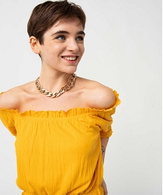 tee-shirt femme a manches courtes avec finitions froncees jauneD406301_2