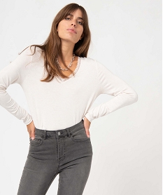 GEMO Tee-shirt femme à manches longues et col V en dentelle blanc chine