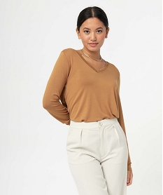 GEMO Tee-shirt femme à manches longues et col V en dentelle marron vif