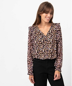 GEMO Tee-shirt femme avec manches en voile et volants noir vif