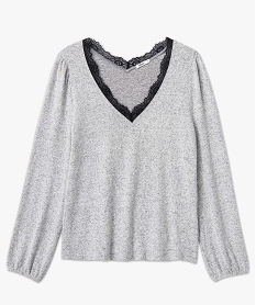 pull femme en maille douce a col v en dentelle gris t-shirts manches longuesD409301_4